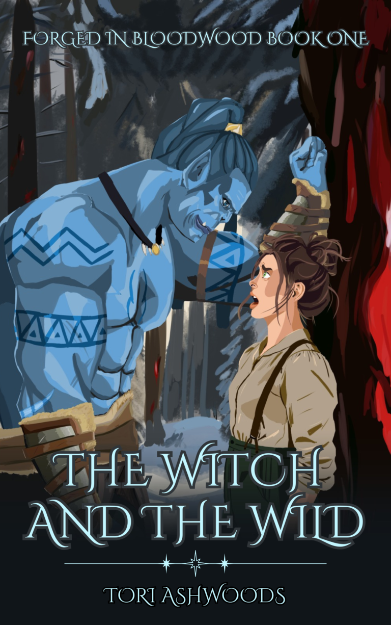 A fantasy book cover featuring a blue-skinned orc and a woman in a forest setting.