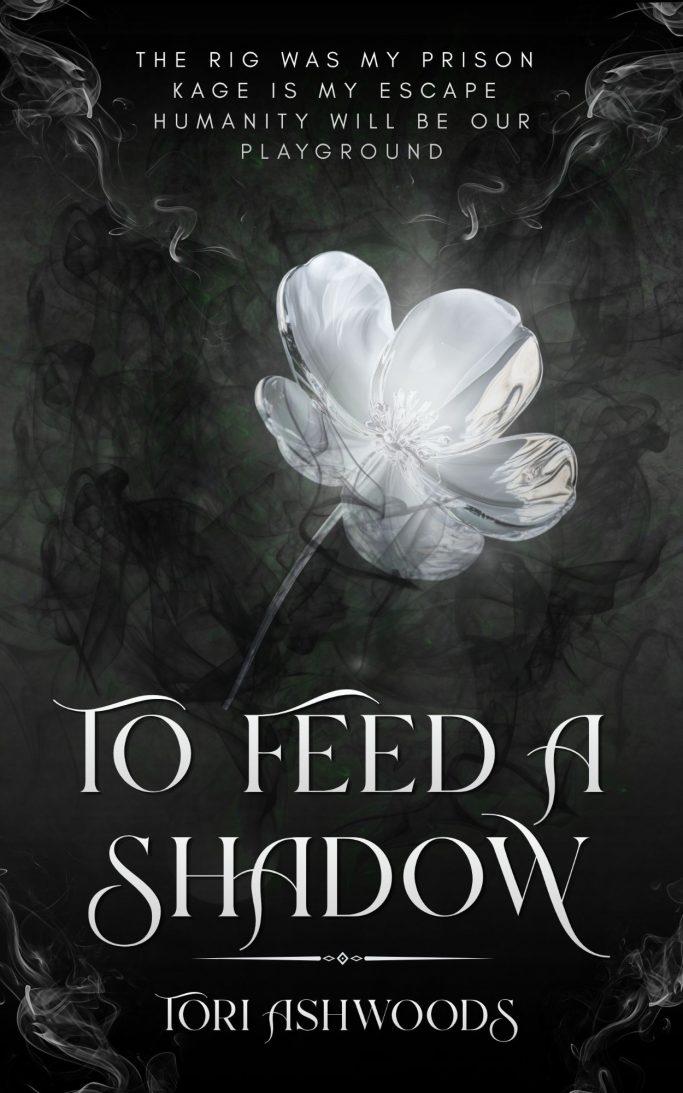 A delicate white flower against a dark background, with the title "To Feed a Shadow" above.